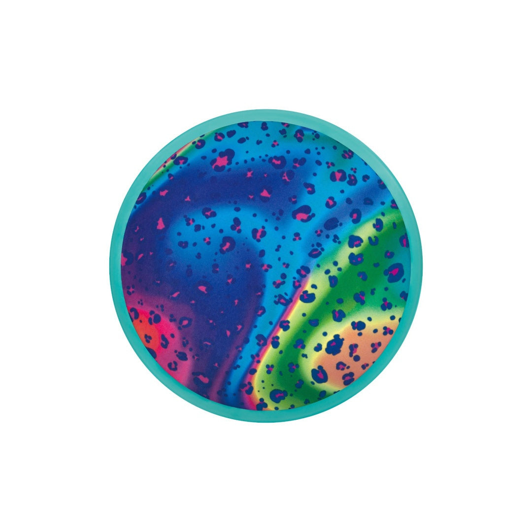 Kolorowe frisbee wodne dla dzieci z motywem abstrakcyjnych plam i turkusową ramką
