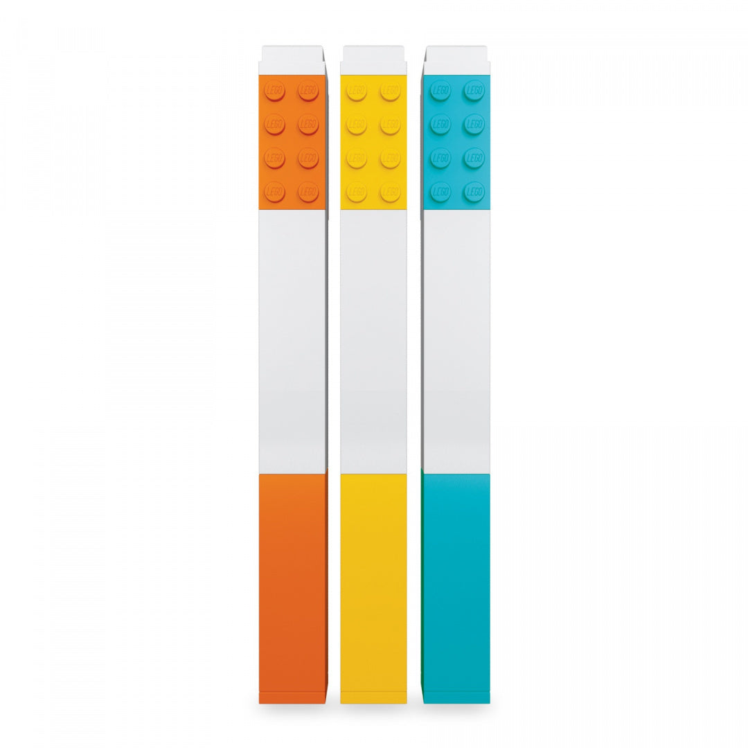 zakreślacze LEGO 3 kolory pomarańczowy żółty i niebieski z unikalnym klockowym designem