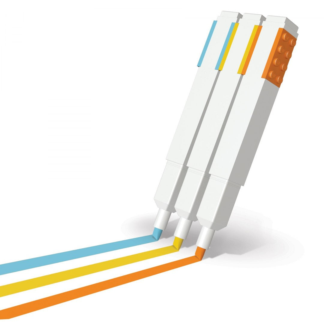 Zakreślacze LEGO 3 kolory z białą obudową i kolorowymi końcówkami niebieską, żółtą i pomarańczową