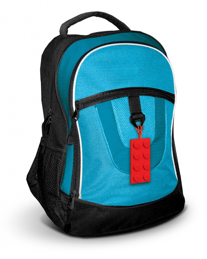 Plecak z niebiesko-czarnym kolorem i czerwoną zawieszką do bagażu LEGO w kształcie klocka