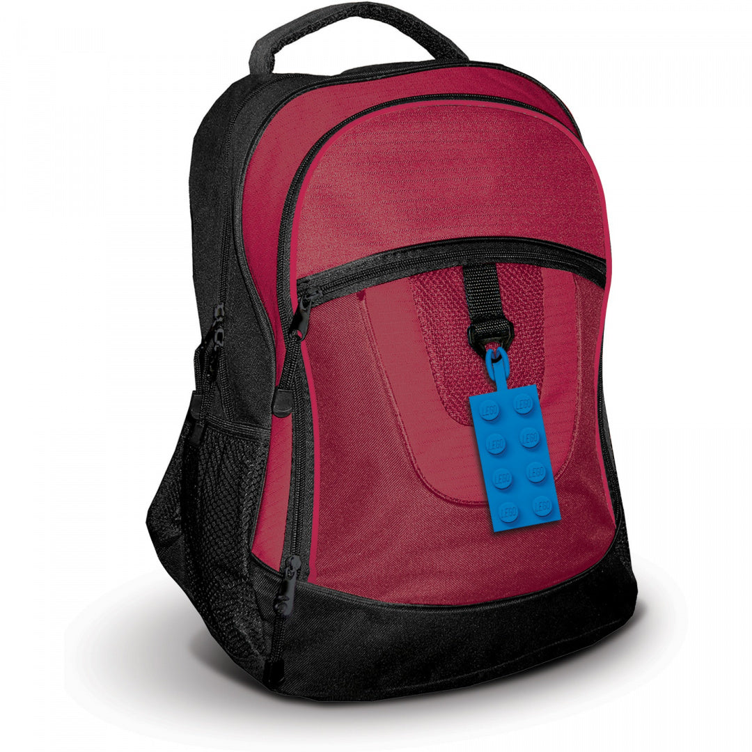 Czarny i czerwony plecak z niebieską zawieszką LEGO do bagażu w kształcie klocka