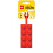 Czerwona zawieszka do bagażu LEGO w kształcie klocka z logo na każdym gwoździu