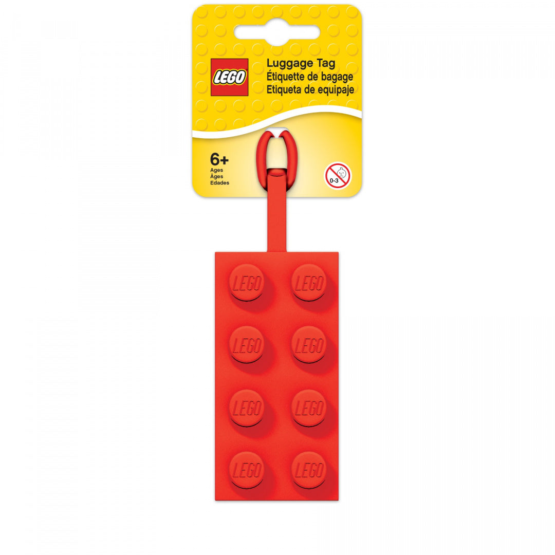 Czerwona zawieszka do bagażu LEGO w kształcie klocka z logo na każdym gwoździu