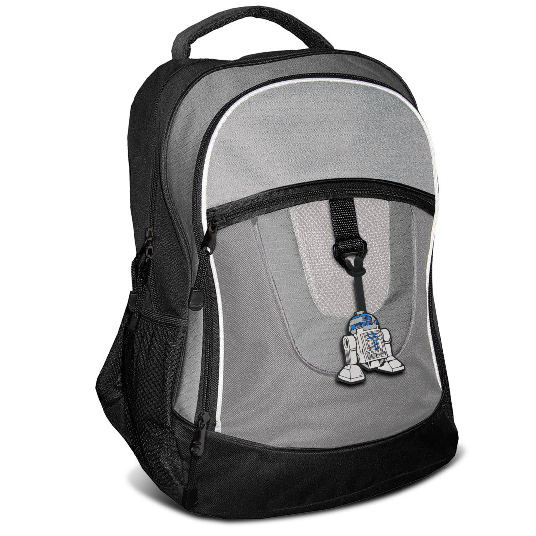 Szary plecak z zawieszką LEGO Star Wars R2D2 przypiętą do przedniej kieszeni