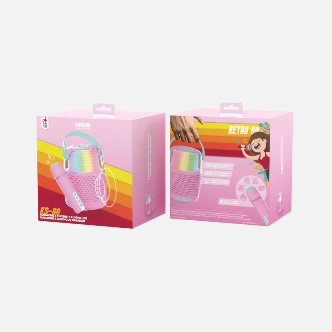 Zestaw do karaoke różowy MOB z głośnikiem bezprzewodowym i mikrofonem w stylu retro