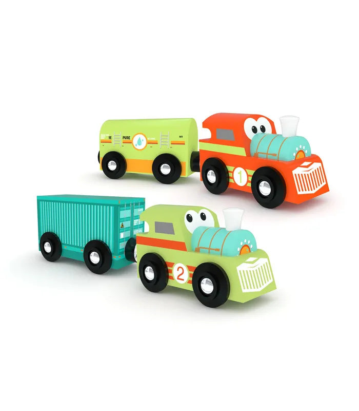 Kolorowy drewniany pociąg dla dzieci z dwoma wagonami i zabawnymi oczami