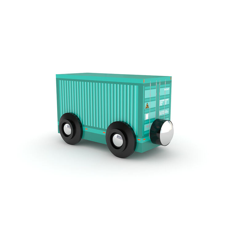 drewniany pociąg dla dzieci wagonik towarowy w kolorze zielonym z czarnymi kołami