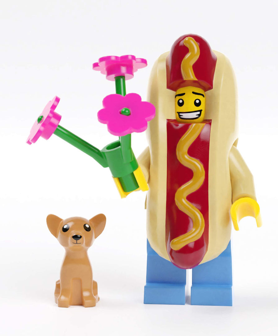 Figurka LEGO w kostiumie hot doga z bukietem różowych kwiatów oraz mały piesek obok na białym tle kartki okolicznościowe LEGO