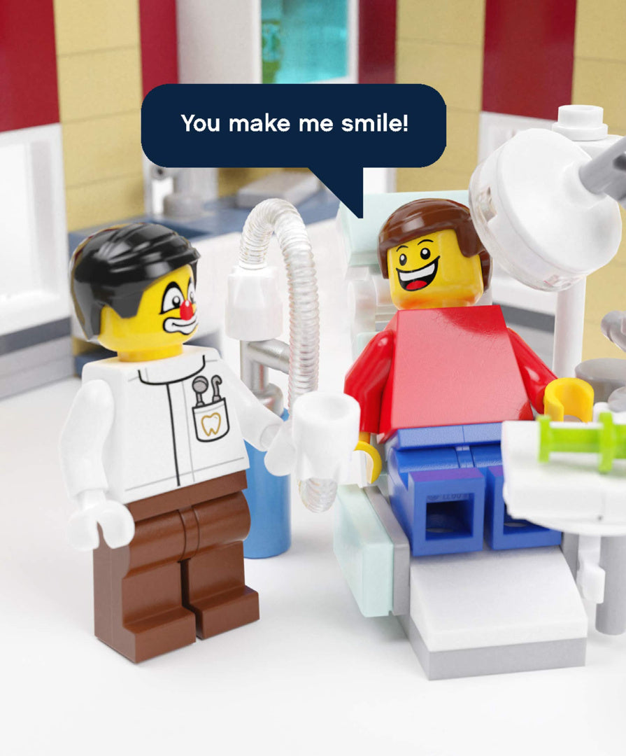 Kartki okolicznościowe LEGO z postaciami u dentysty i napisem You make me smile
