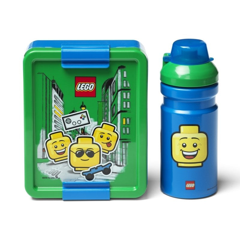 Lunchbox LEGO chłopięcy zielono-niebieski z motywem klocków LEGO i butelka na napój