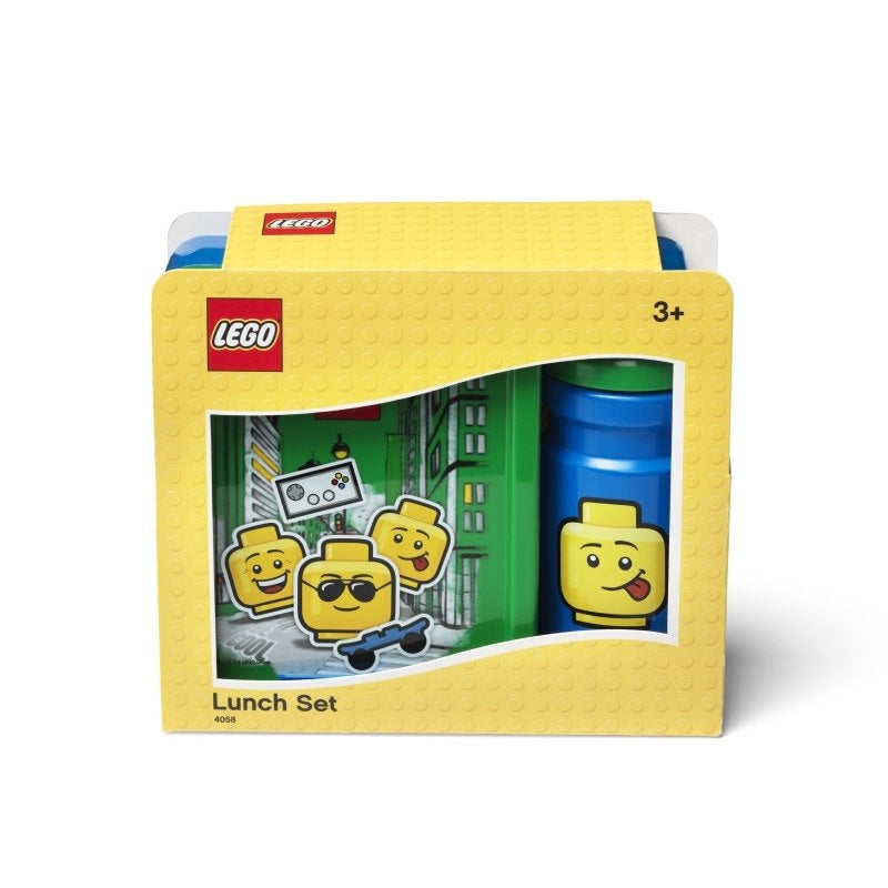 lunchbox LEGO chłopięcy w żółtym opakowaniu z nadrukiem postaci LEGO i bidonem