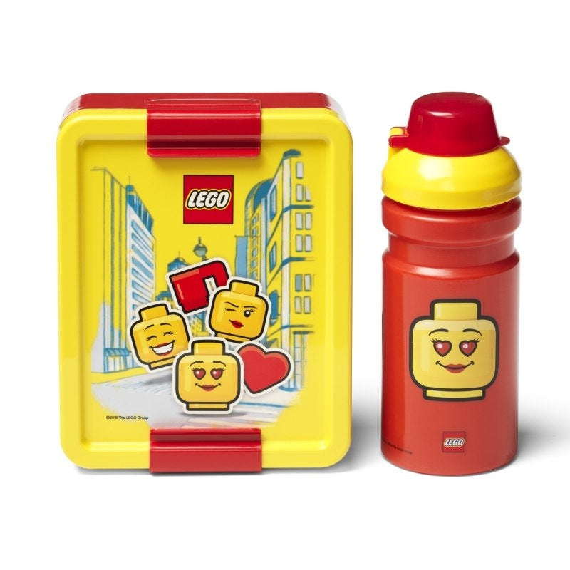 Lunchbox LEGO dla dziewczynki z kolorowym pudełkiem i bidonem z motywem główek LEGO