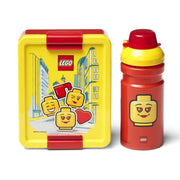 Lunchbox LEGO dla dziewczynki z kolorowym pudełkiem i bidonem z motywem główek LEGO