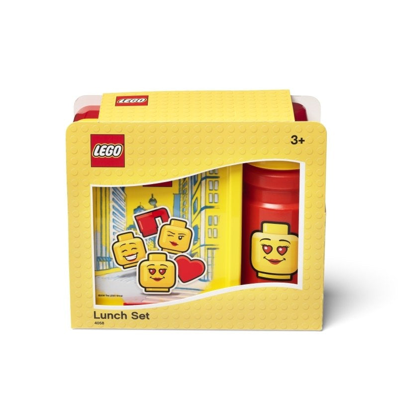 Lunchbox LEGO dla dziewczynki żółty zestaw z kubkiem i pojemnikiem z motywem twarzy LEGO