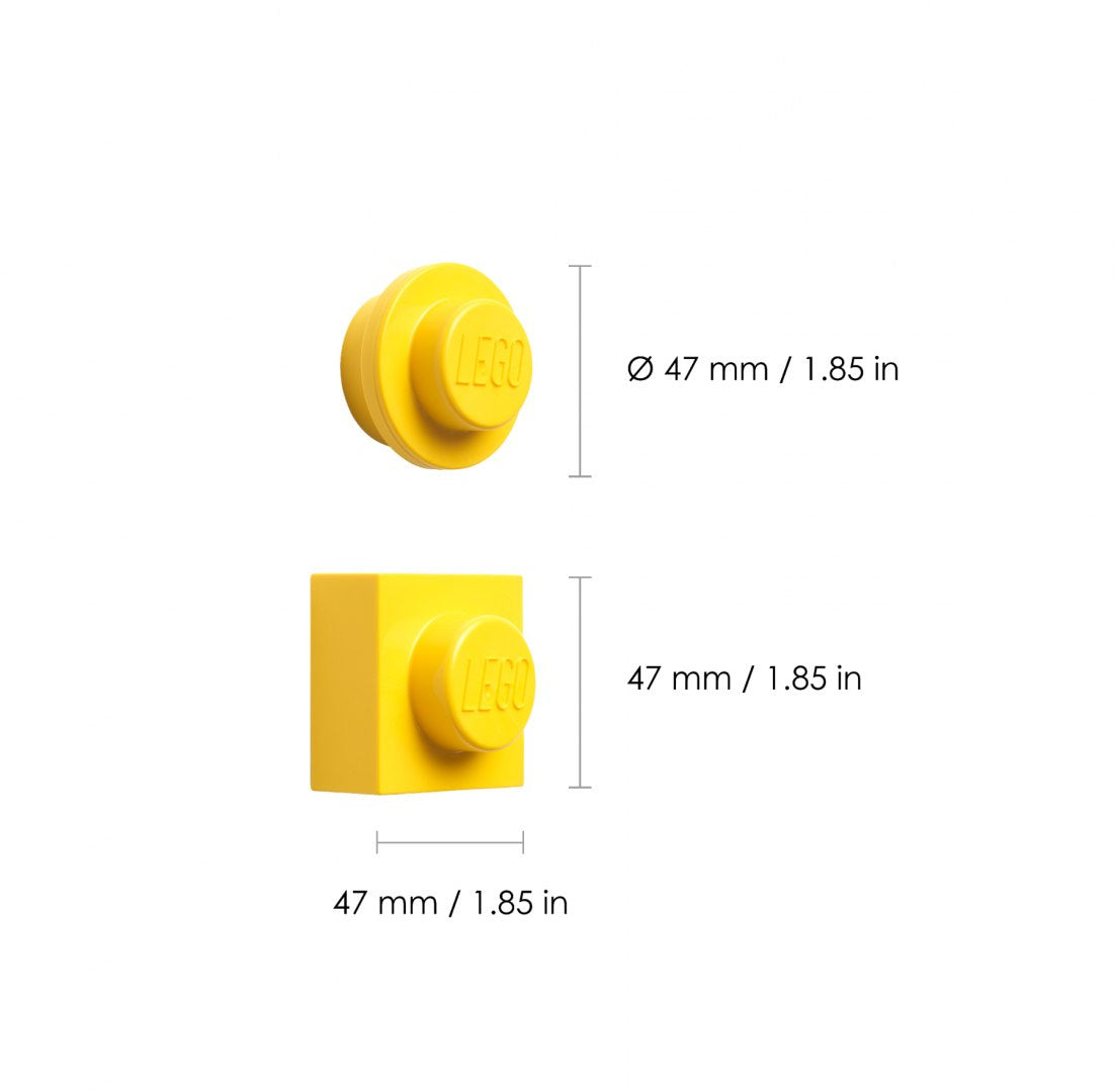 Żółte magnesy LEGO żółte w kształcie klocków z wymiarami 47 mm od BV JACOB COMPANY