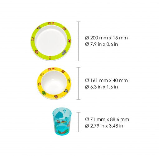 Zestaw naczyń LEGO Duplo z talerzem, miską i kubkiem w jasnych kolorach dla dzieci