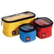 Kolorowe organizery LEGO na klocki w żółtym, niebieskim i czerwonym kolorze z przezroczystymi pokrywami