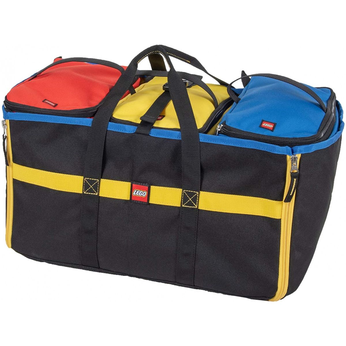 Zestaw pojemników LEGO z matą w kolorach czerwonym, żółtym i niebieskim na czarnej torbie