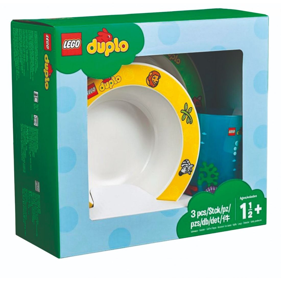 Zestaw naczyń LEGO Duplo z kolorowym talerzem, miską i kubkiem dla dzieci powyżej 1,5 roku