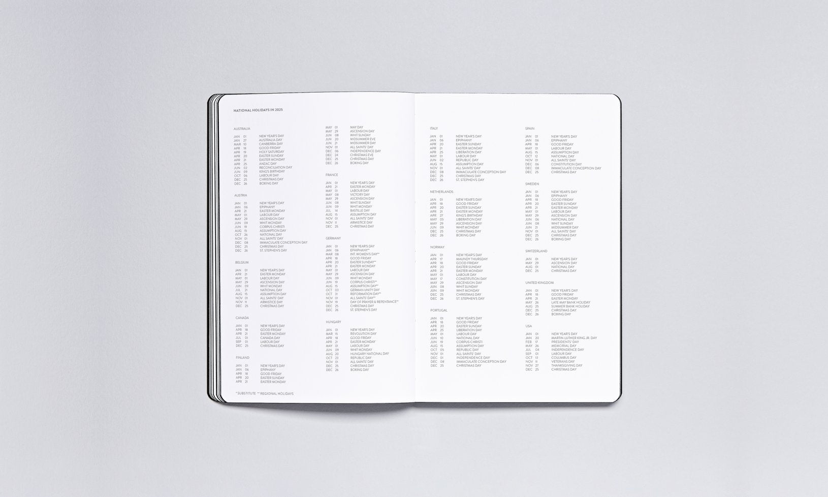 Otwarty kalendarz tygodniowy 2025 z listą tygodni na dwóch stronach na białym tle