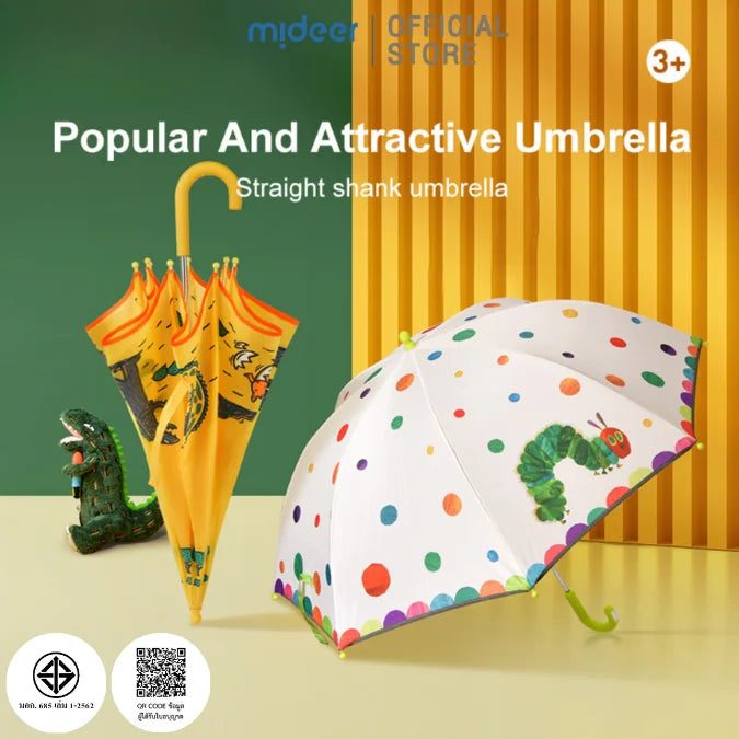 Parasolka dla dzieci głodna gąsiennica biała z kolorowymi kropkami i zieloną rączką