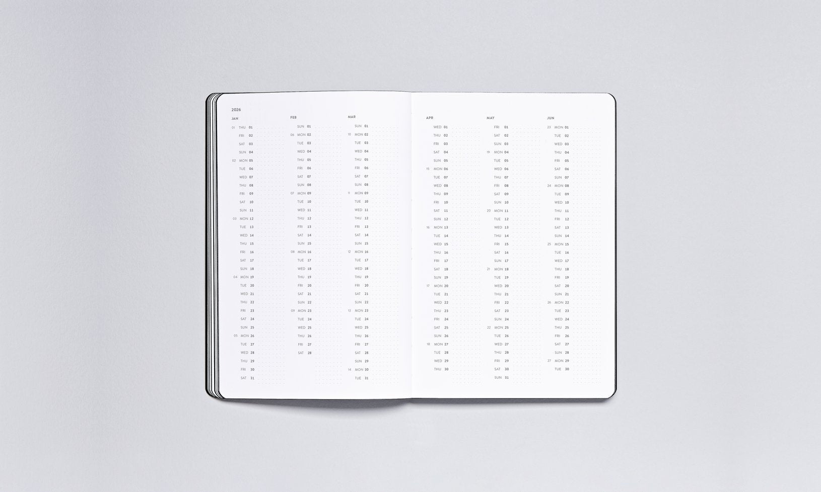 Minimalistyczny kalendarz tygodniowy 2025 BV JACOB COMPANY z przejrzystym układem dat