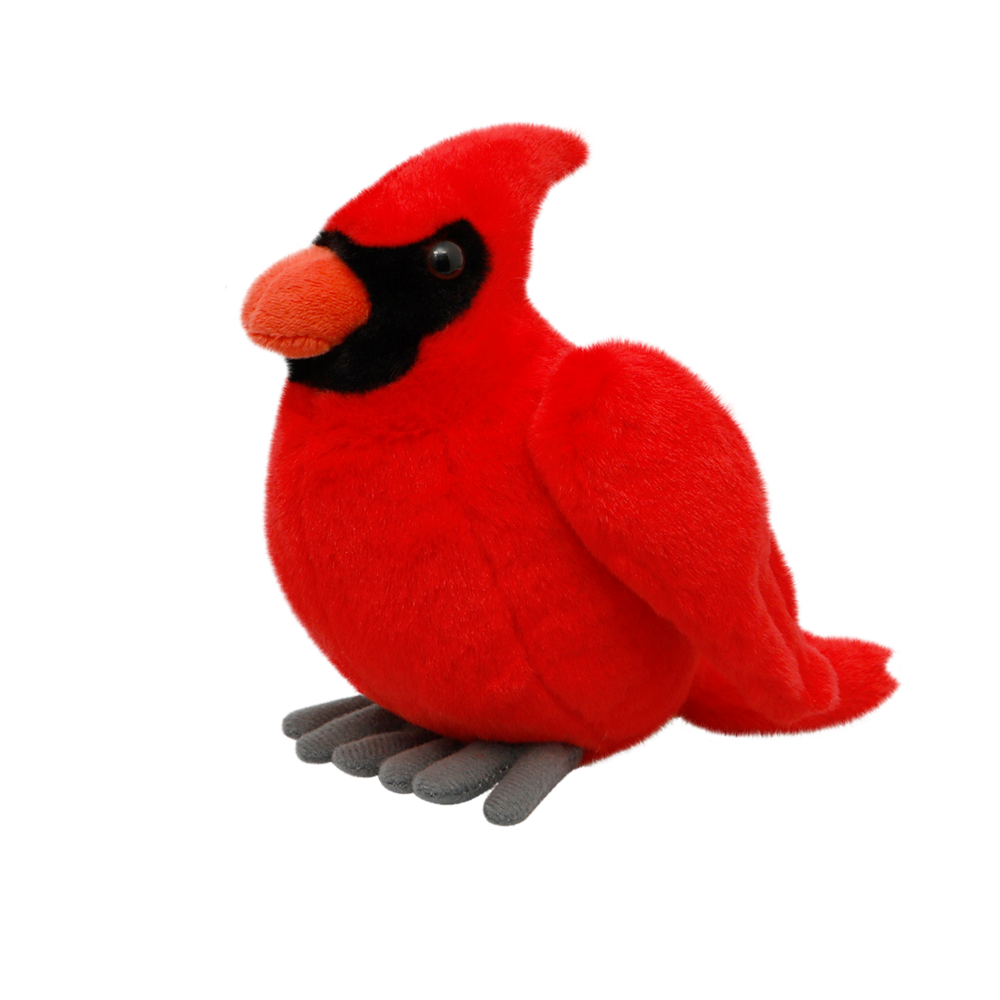 Pluszak kardynał szkarłatny czerwony miękki pluszowy ptak z pomarańczowym dziobem i czarną maską