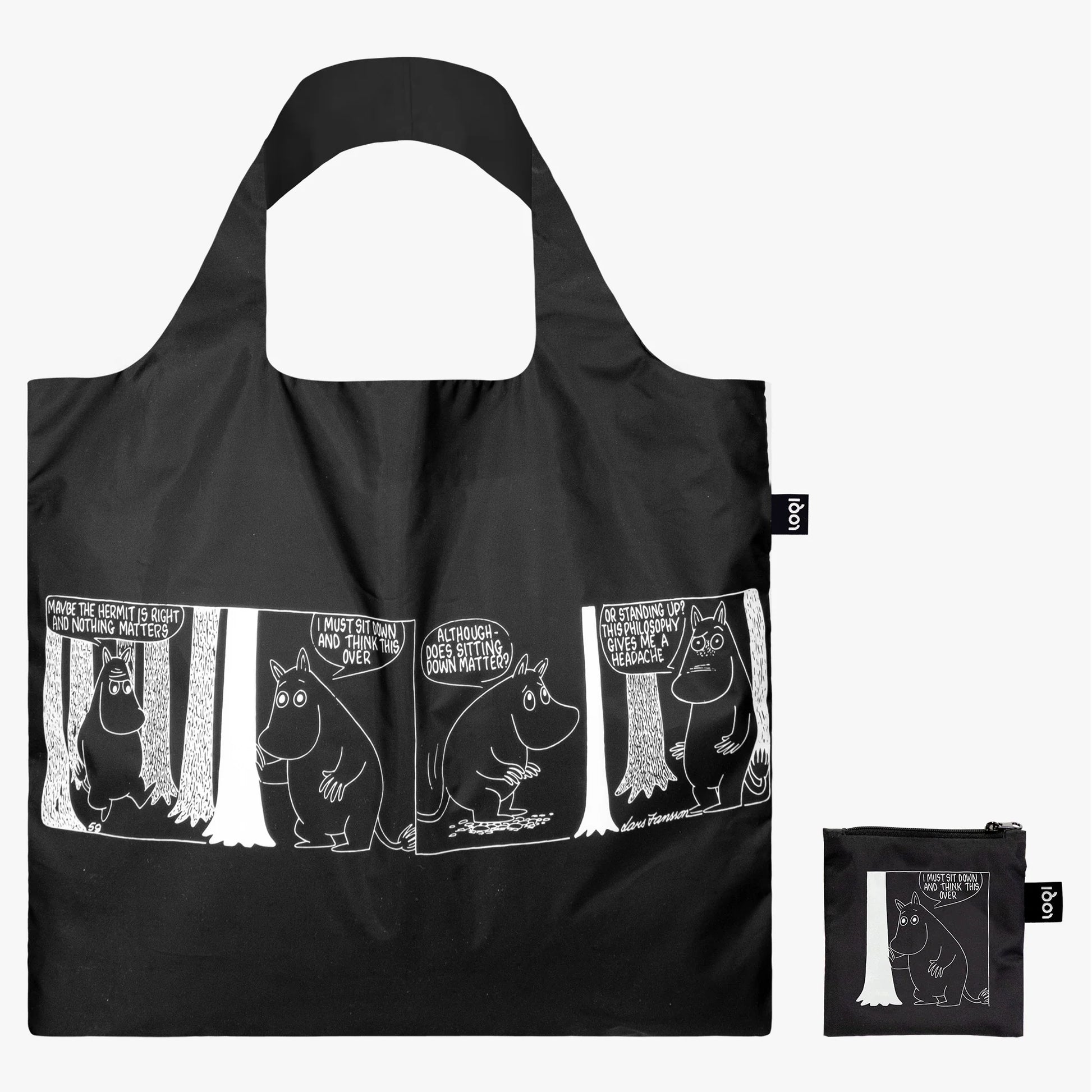 Czarna torba LOQI Moomin z białym nadrukiem postaci Muminka i komiksowym wzorem