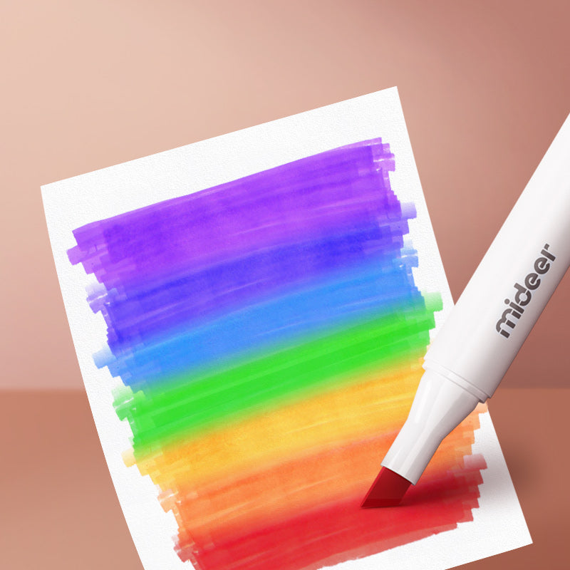 Pisaki dwustronne dla dzieci marki mideer z intensywnymi kolorami na białej kartce z tęczowym wzorem