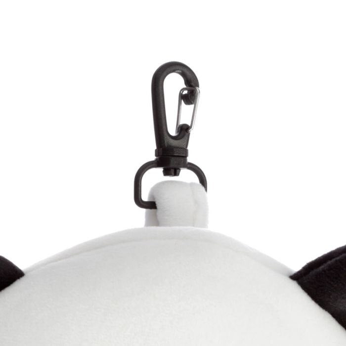 Czarny plastikowy karabińczyk na pluszowej poduszce podróżnej panda od Puckator