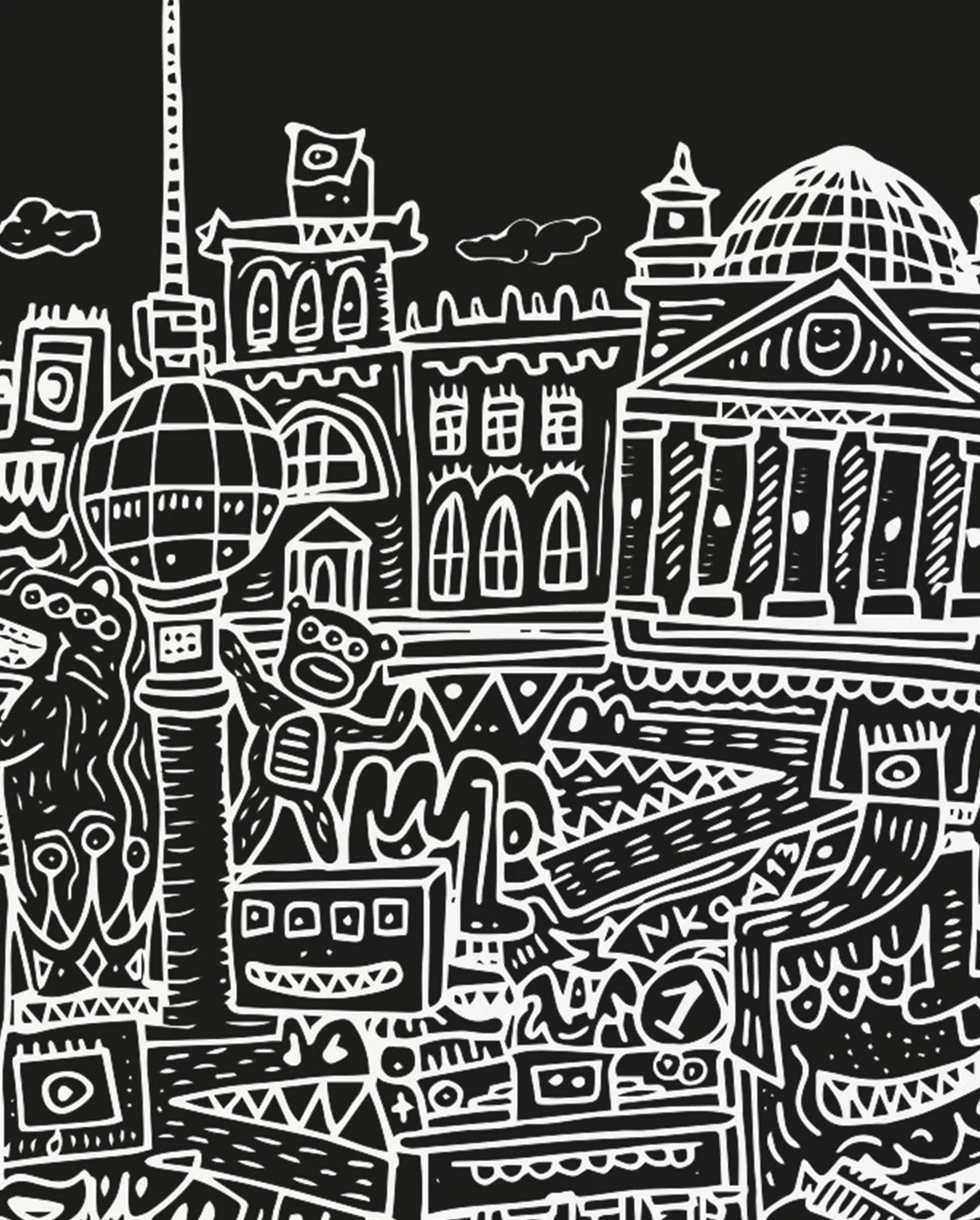 Notatnik Berlin z białym rysunkiem charakterystycznych budynków Berlina na czarnym tle