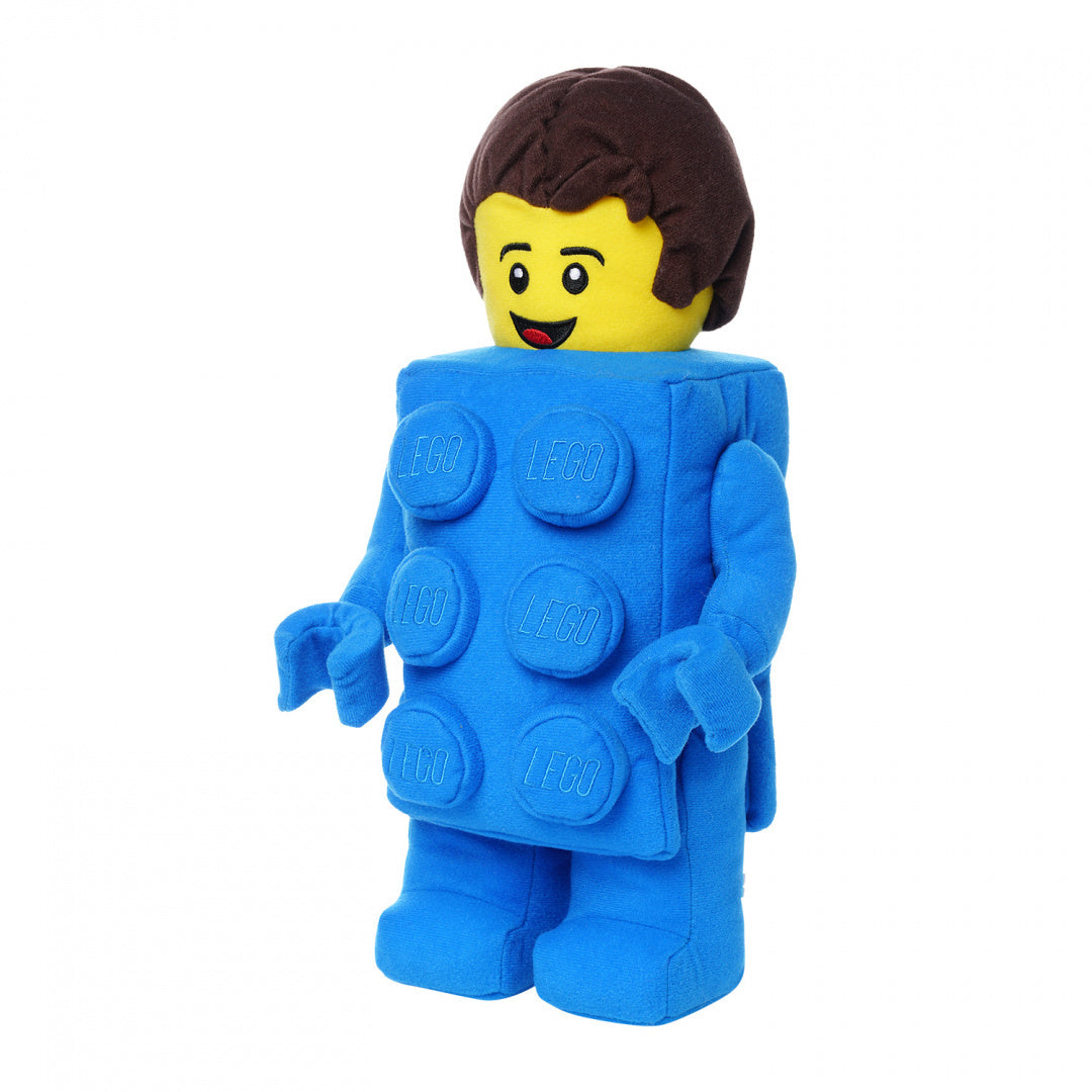 Pluszak LEGO Brick Suit Boy w niebieskim kostiumie klocka LEGO z żółtą twarzą i brązowymi włosami
