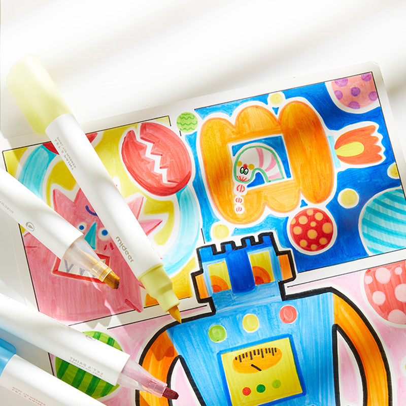 Markery półprzezroczyste dwustronne 36 kolorów używane do kolorowego rysunku z robotem i zabawnymi kształtami