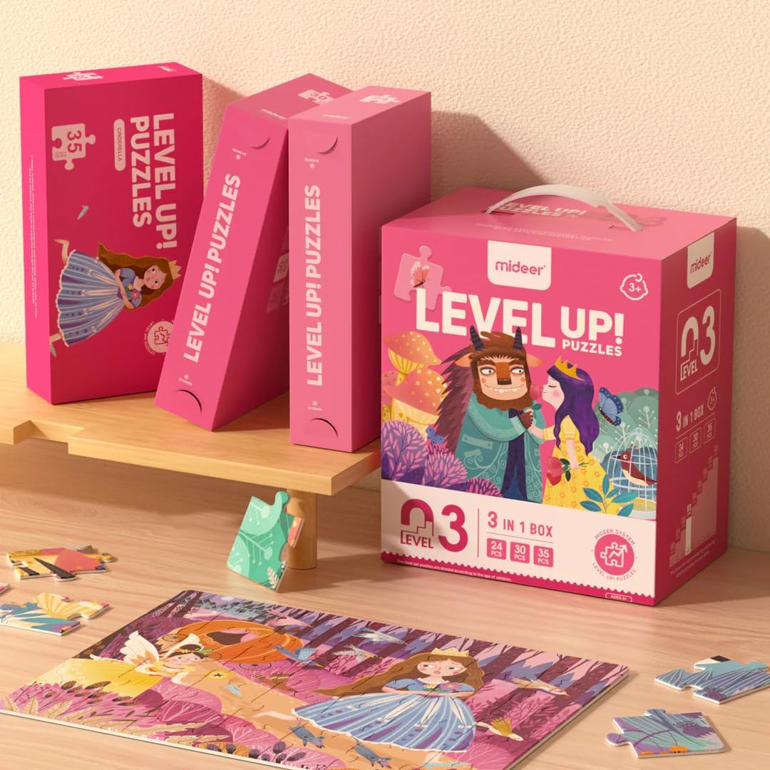 Kolorowe puzzle dla dzieci średnio zaawansowanych Level Up Puzzles marki Yamann na drewnianej półce