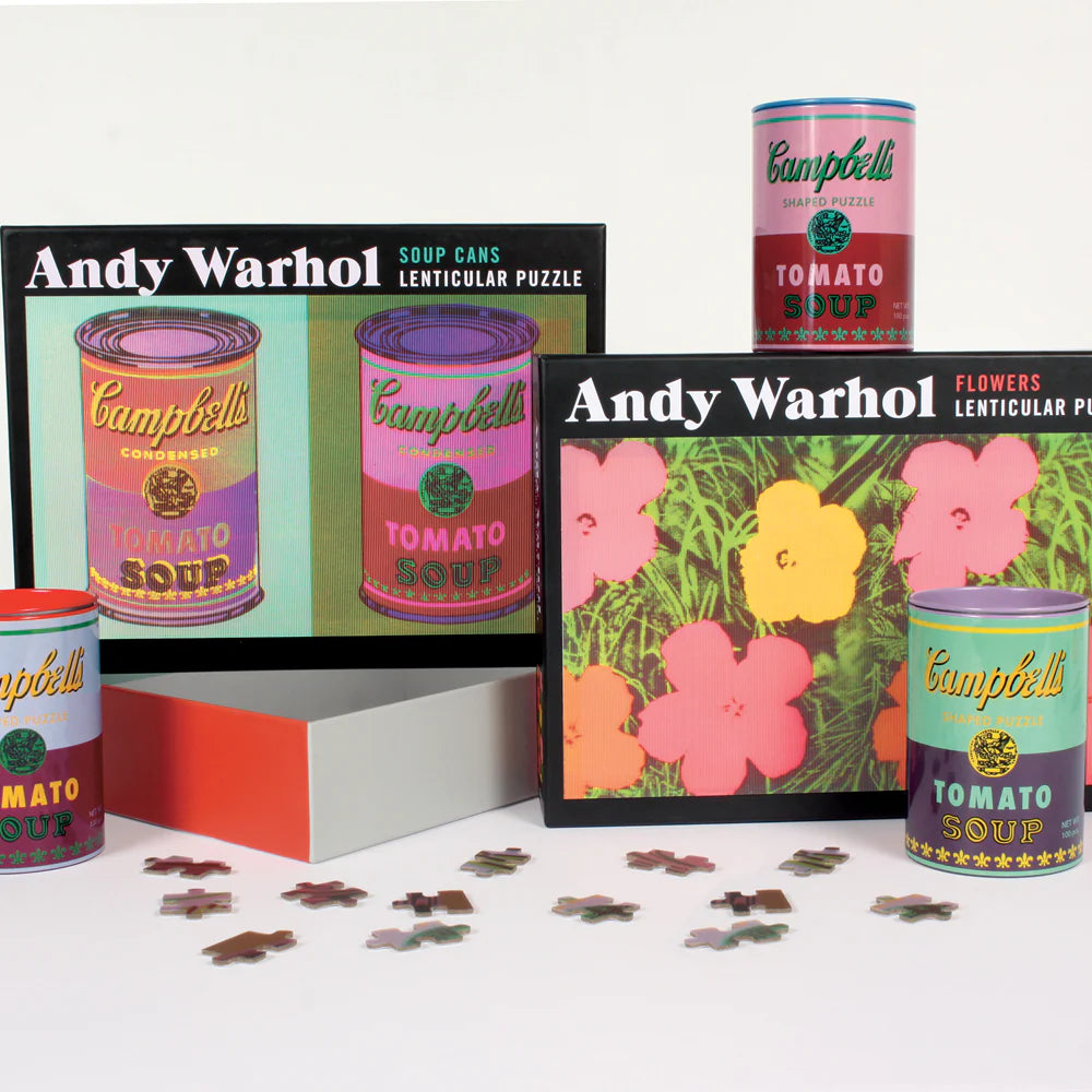 puzzle Andy Warhol 300 elementów z motywem puszek zupy Campbell i kolorowych kwiatów
