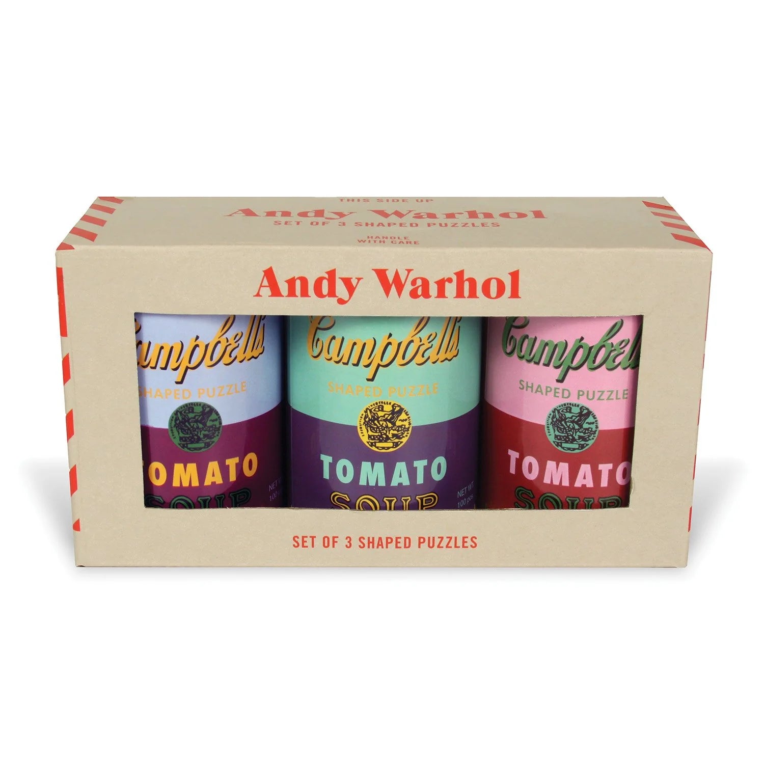 Puzzle Andy Warhol Soup Cans zestaw trzech puzzli w kształcie puszek Campbell's Tomato Soup od BV JACOB COMPANY