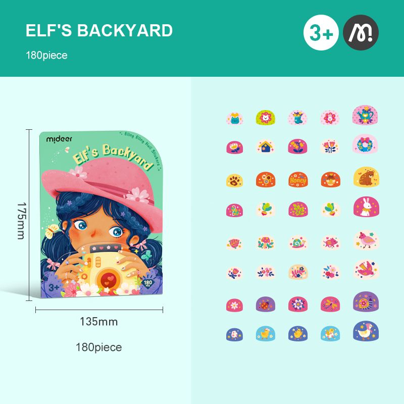 Naklejki na paznokcie dla dzieci Elf's Backyard z 180 sztuk kolorowych wzorów