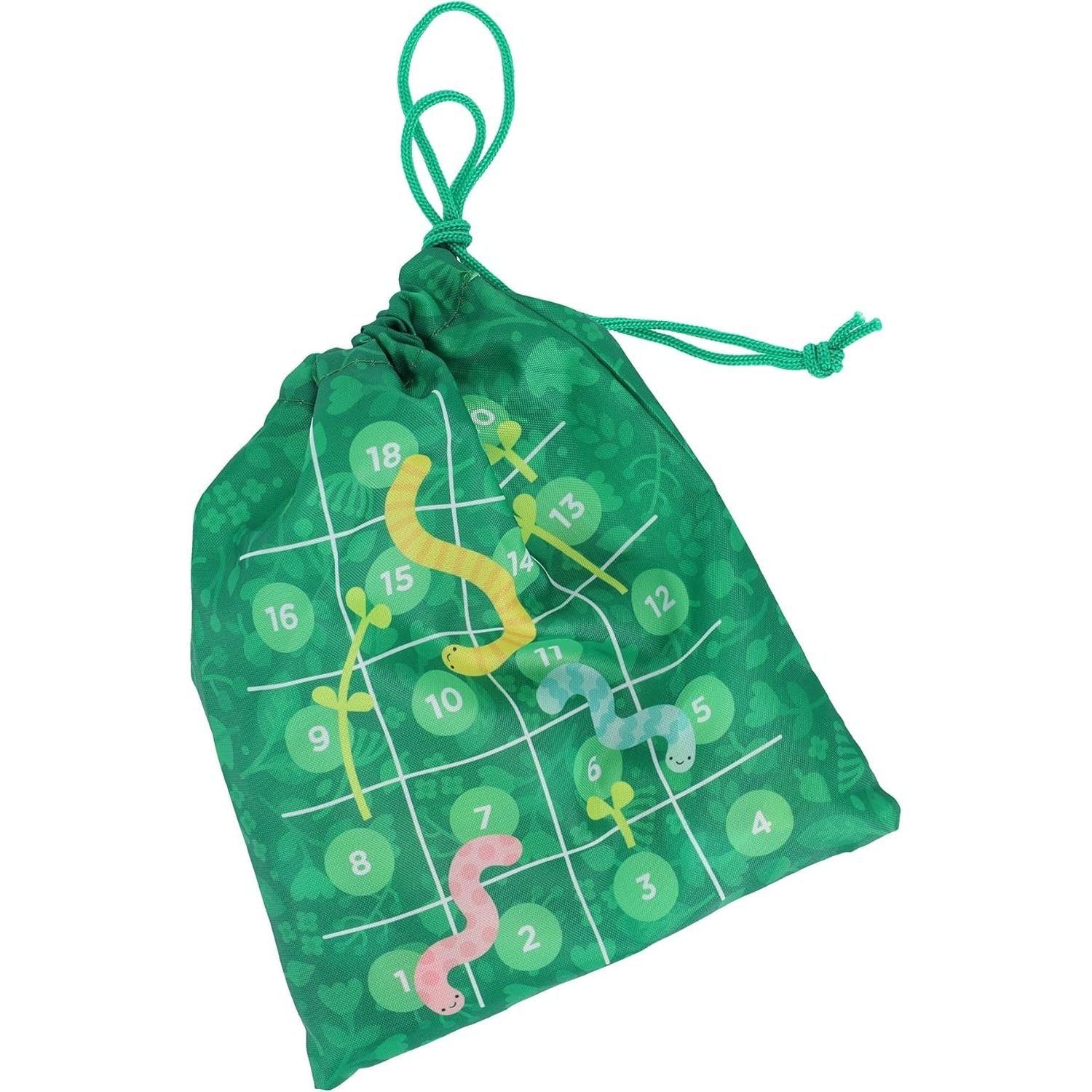 Zielony worek z grą podróżną ogrodowi przyjaciele od Yamann z kolorowymi wężami na planszy