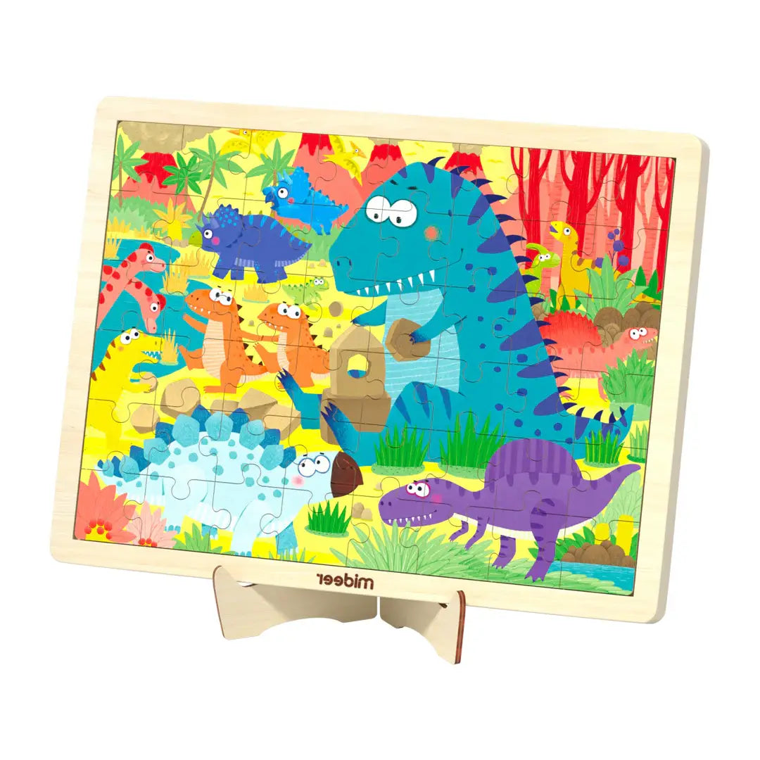 Drewniane puzzle dinozaury z kolorowymi postaciami dinozaurów na drewnianej ramce Yamann
