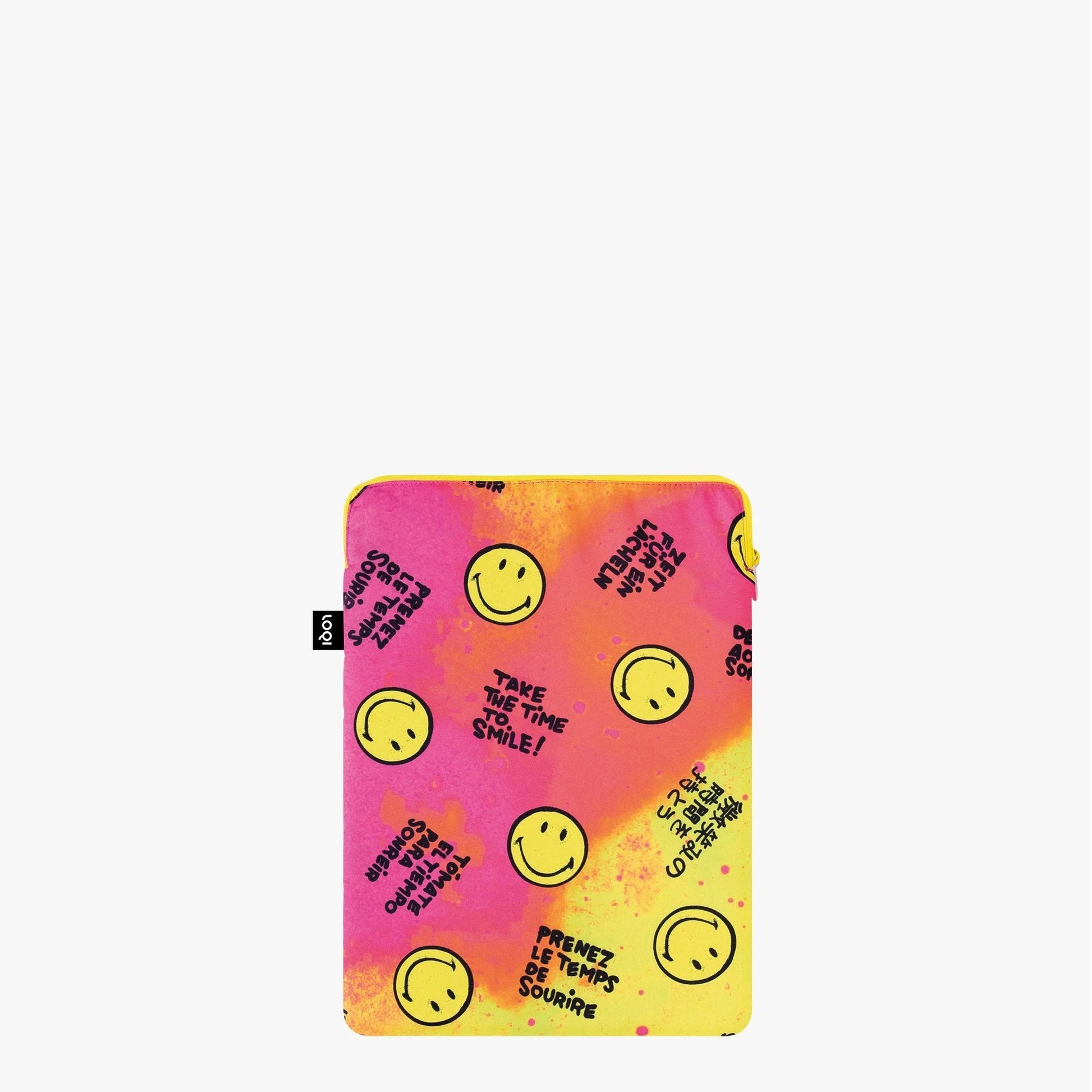 Kolorowa torba na laptopa LOQI Smiley z żółtymi uśmiechniętymi buźkami na różowo-żółtym tle