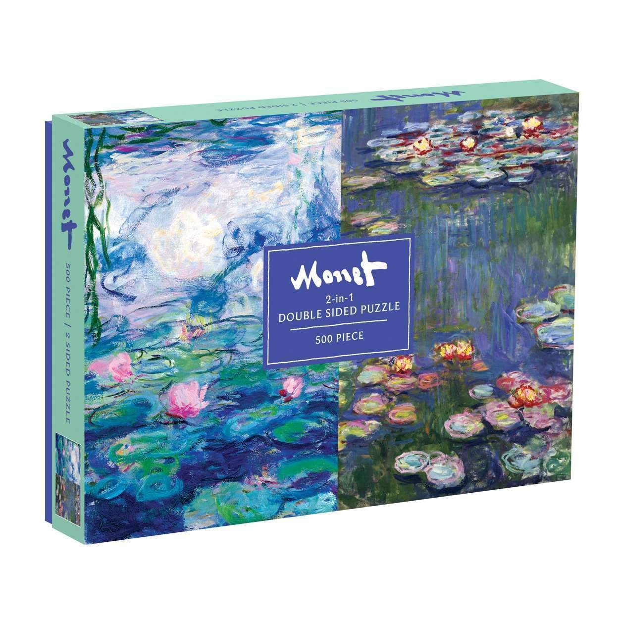 Puzzle dwustronne Monet 500 elementów z obrazami wodnych lilii na pudełku Galison