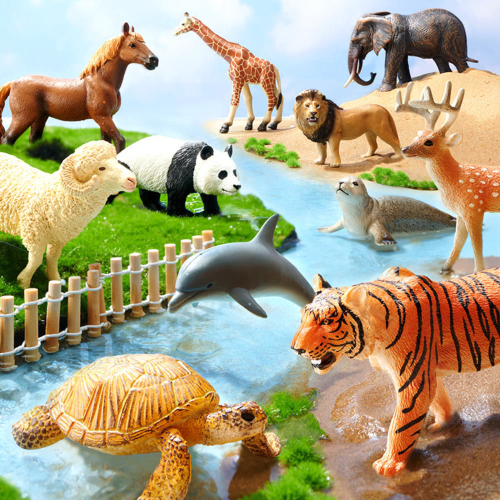 Zestaw figurek zwierząt na farmie marki Yamann z tygrysem, żółwiem, delfinem i innymi zwierzętami