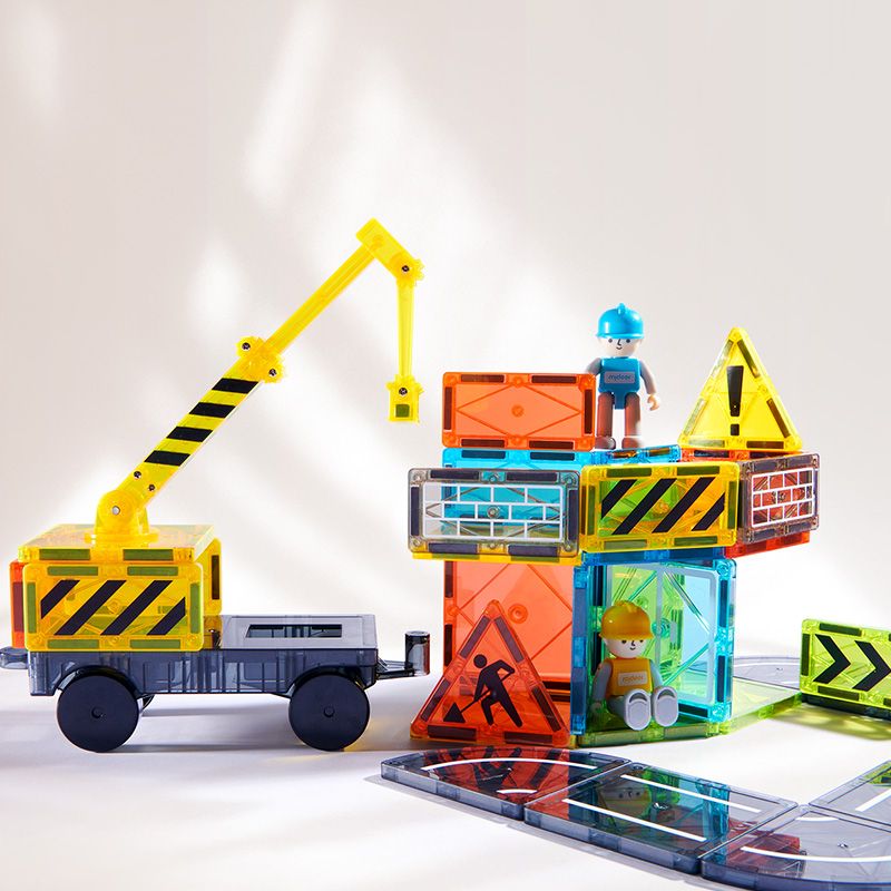 Kolorowe klocki magnetyczne dla dzieci z budowlanym motywem i figurkami pracowników Yamann