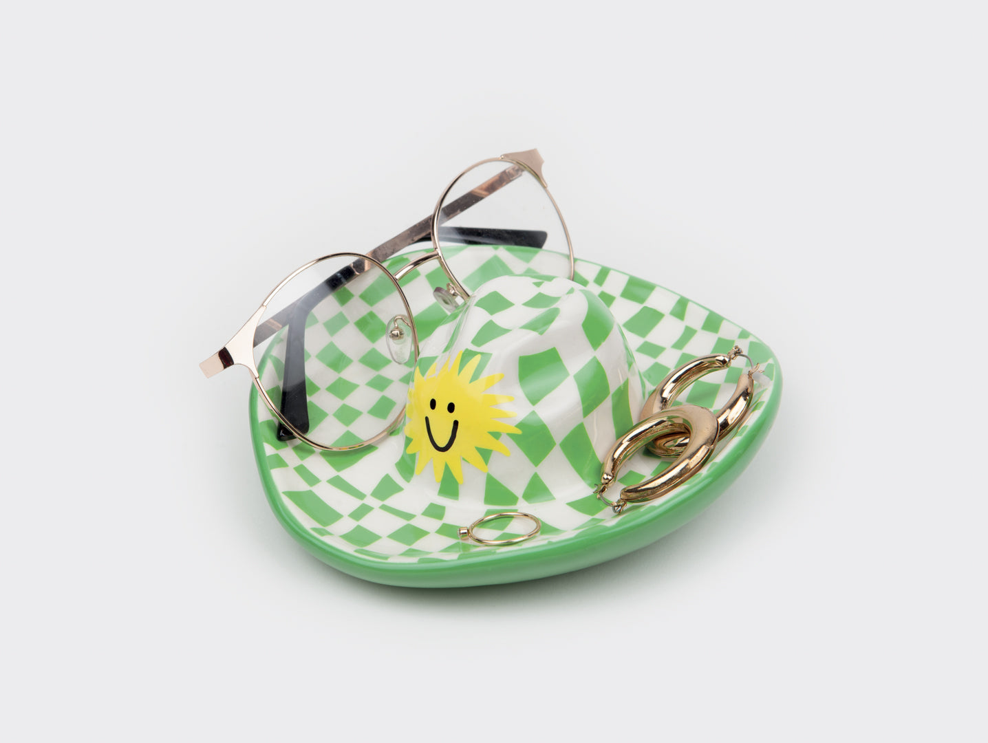 DOIY zielona tacka na drobiazgi kapelusz kowbojski z wesołym słoneczkiem na białej kratce