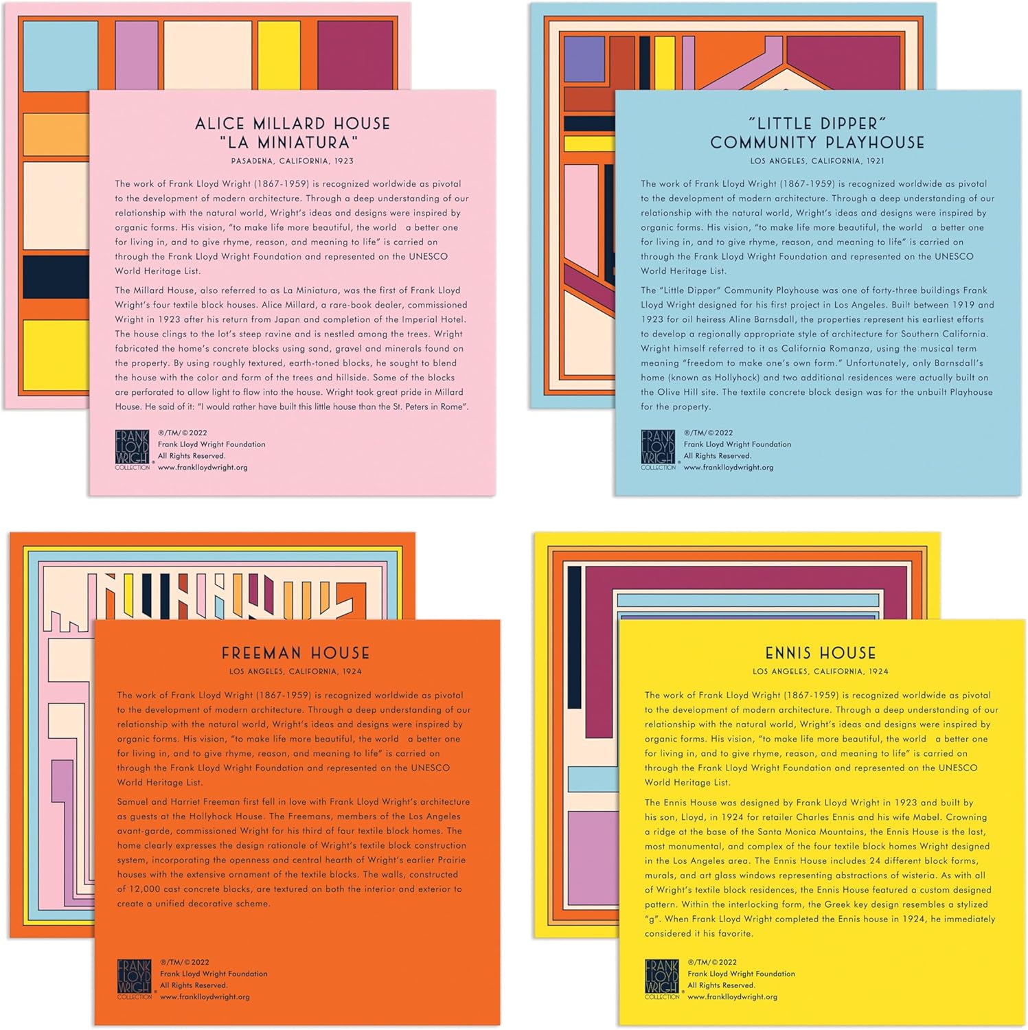 Puzzle Frank Lloyd Wright 800 elementów przedstawiające opisy i kolory domów zaprojektowanych przez Franka Lloyda Wrighta