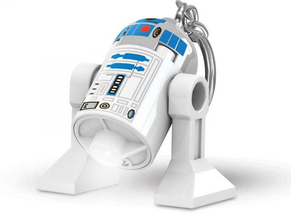 Brelok z latarką LEGO Star Wars R2D2 w kształcie robota z niebieskimi i białymi detalami