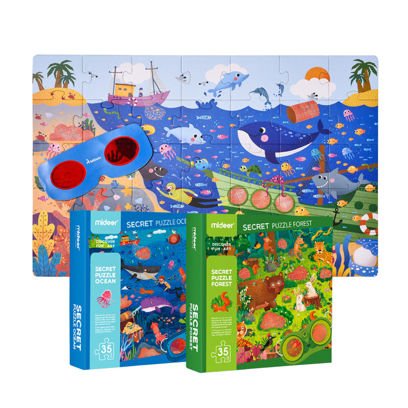 puzzle 3D dla dzieci ocean marki mideer z elementami do układanki i okularami czerwonymi