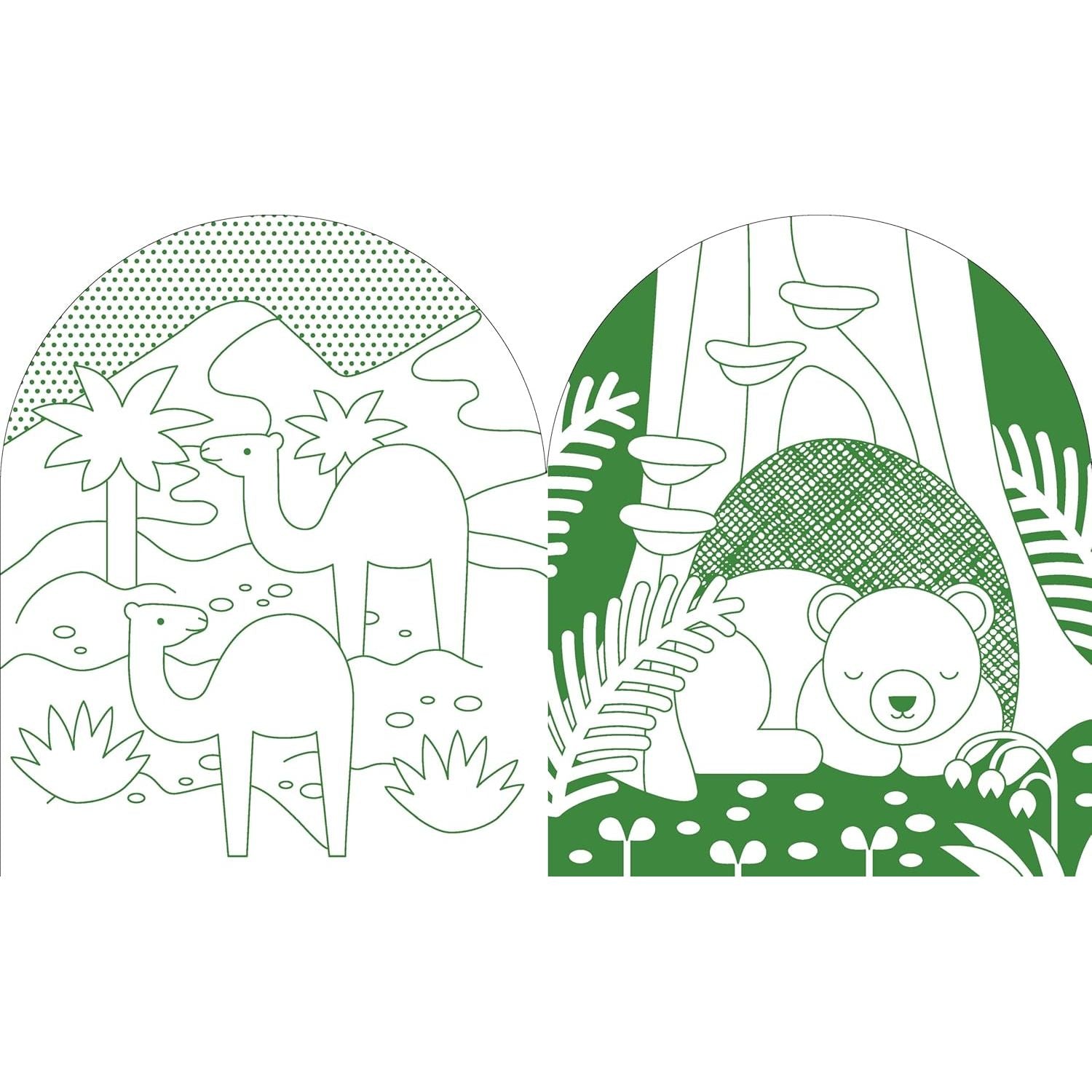 Kolorowanka świat zwierząt dla dzieci z rysunkami wielbłądów na pustyni i śpiącym misiem w lesie