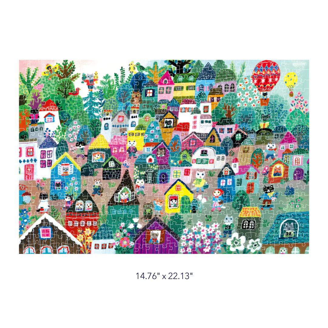 Kolorowe puzzle artystyczne 500 elementów przedstawiające malowniczą wioskę z domkami i balonami