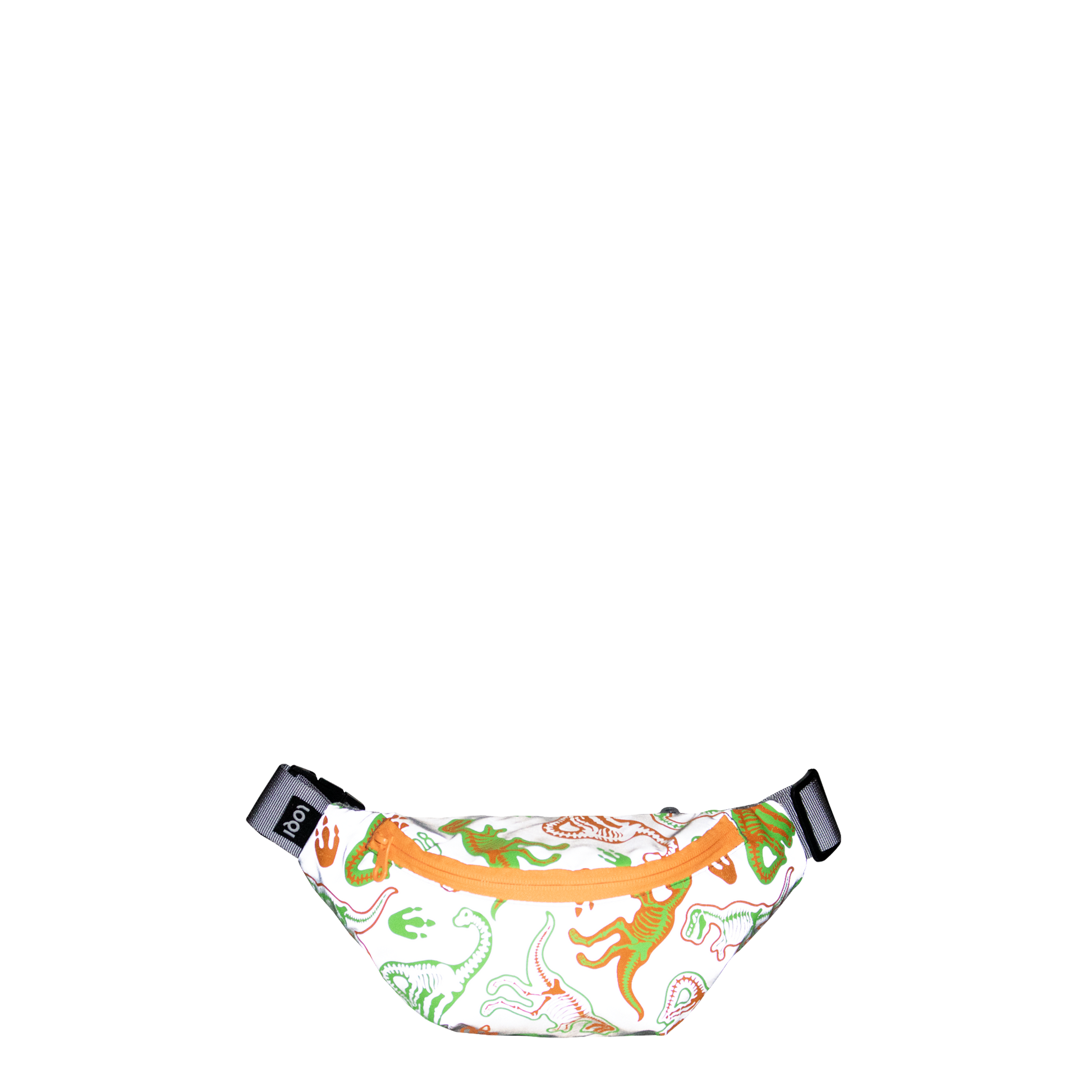 Biała nerka odblaskowa skeleton z kolorowym wzorem dinozaurów i pomarańczowym suwakiem od Yamann